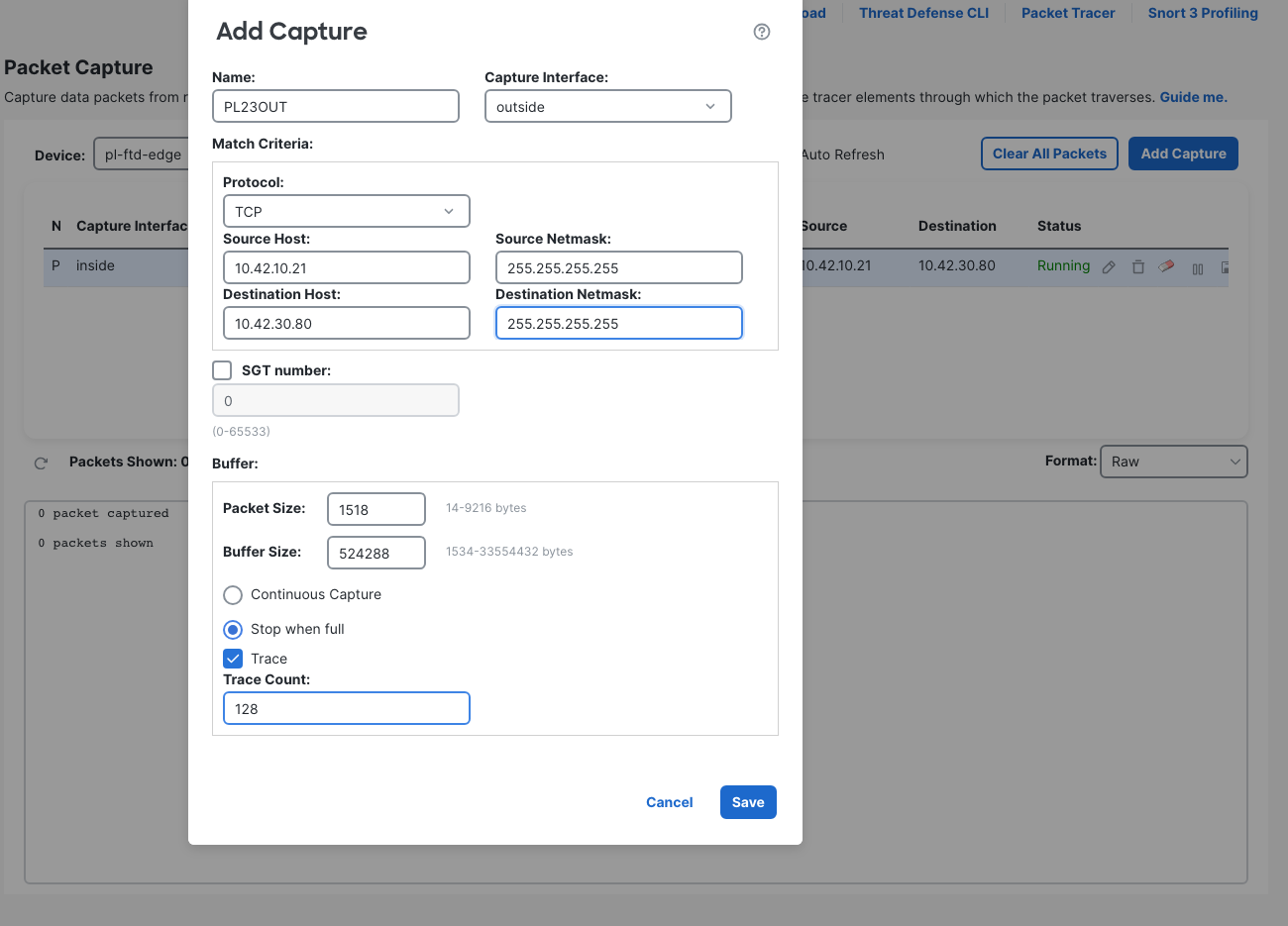 Add Capture configured as PL23OUT on outside with the same TCP host filters and Trace settings.