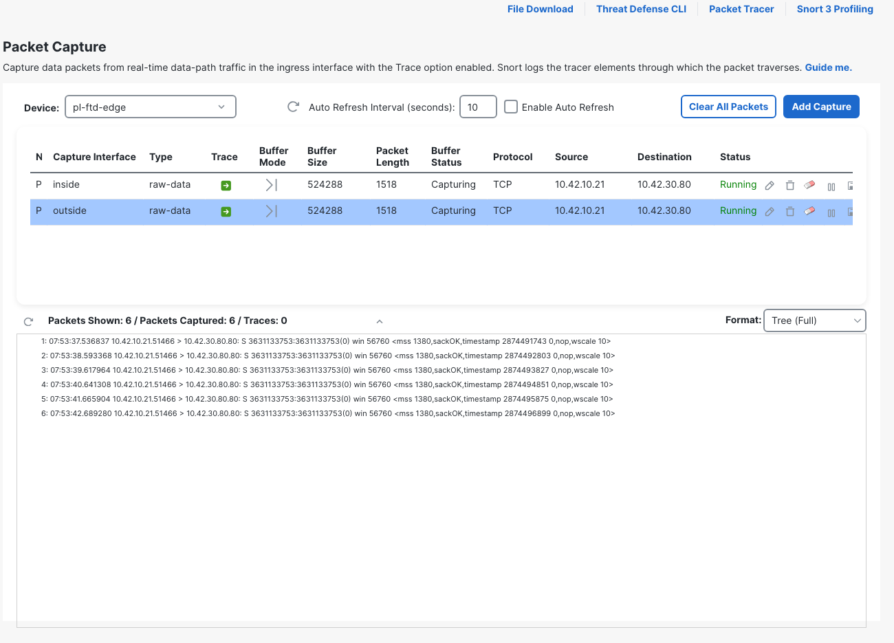PL23OUT shows the six outbound SYN attempts from port 51466, with no returning SYN-ACK and zero ingress traces.
