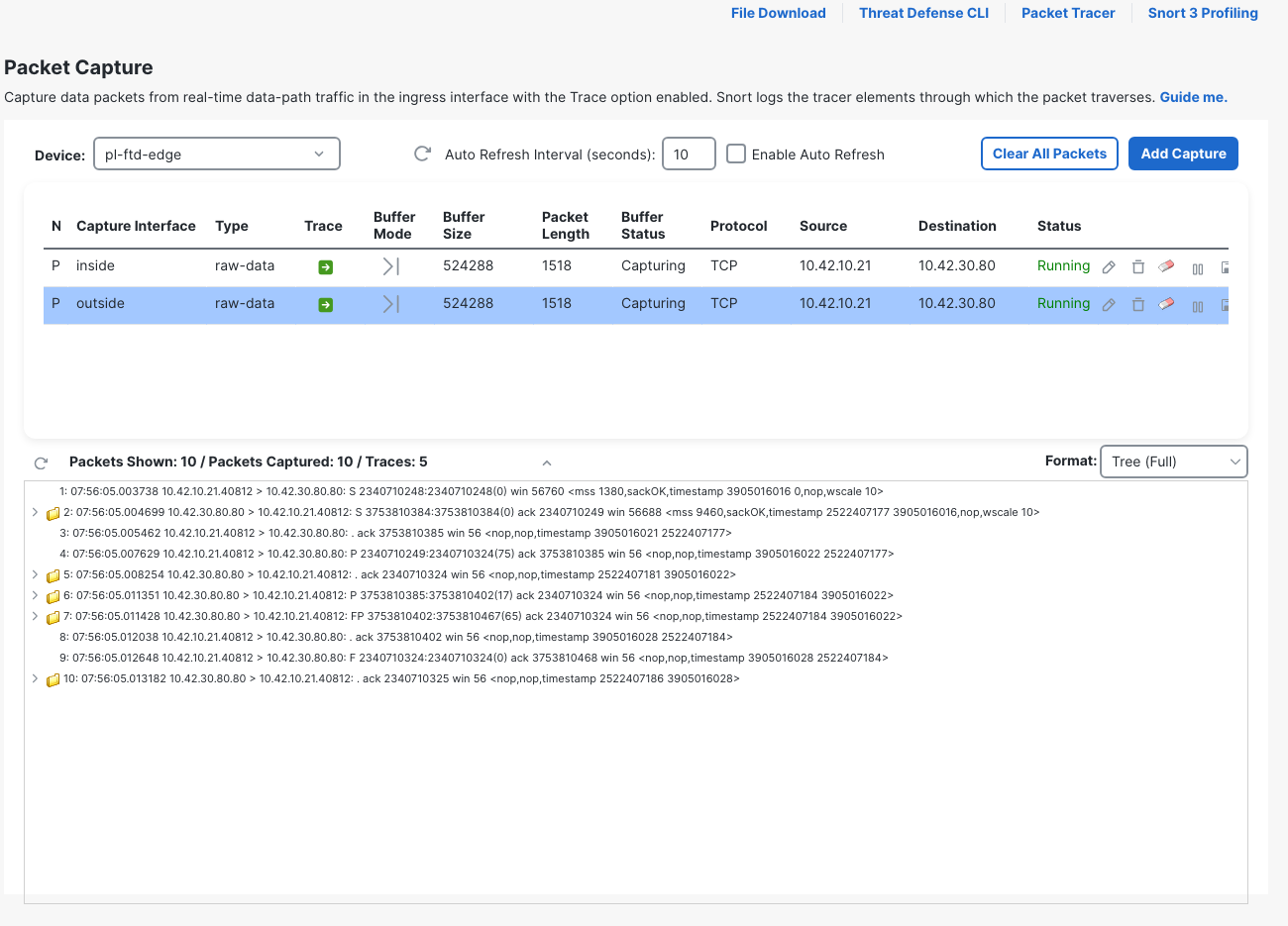 PL23OUT after restoring the server route shows the port-40812 handshake, returning server packets, HTTP data packets and FINs.