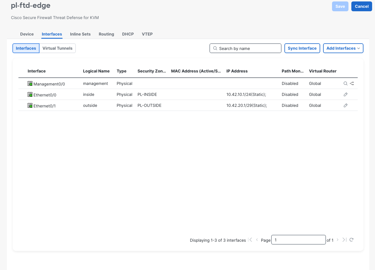 FMC Interfaces shows inside 10.42.10.1/24 in PL-INSIDE and outside 10.42.20.1/29 in PL-OUTSIDE.