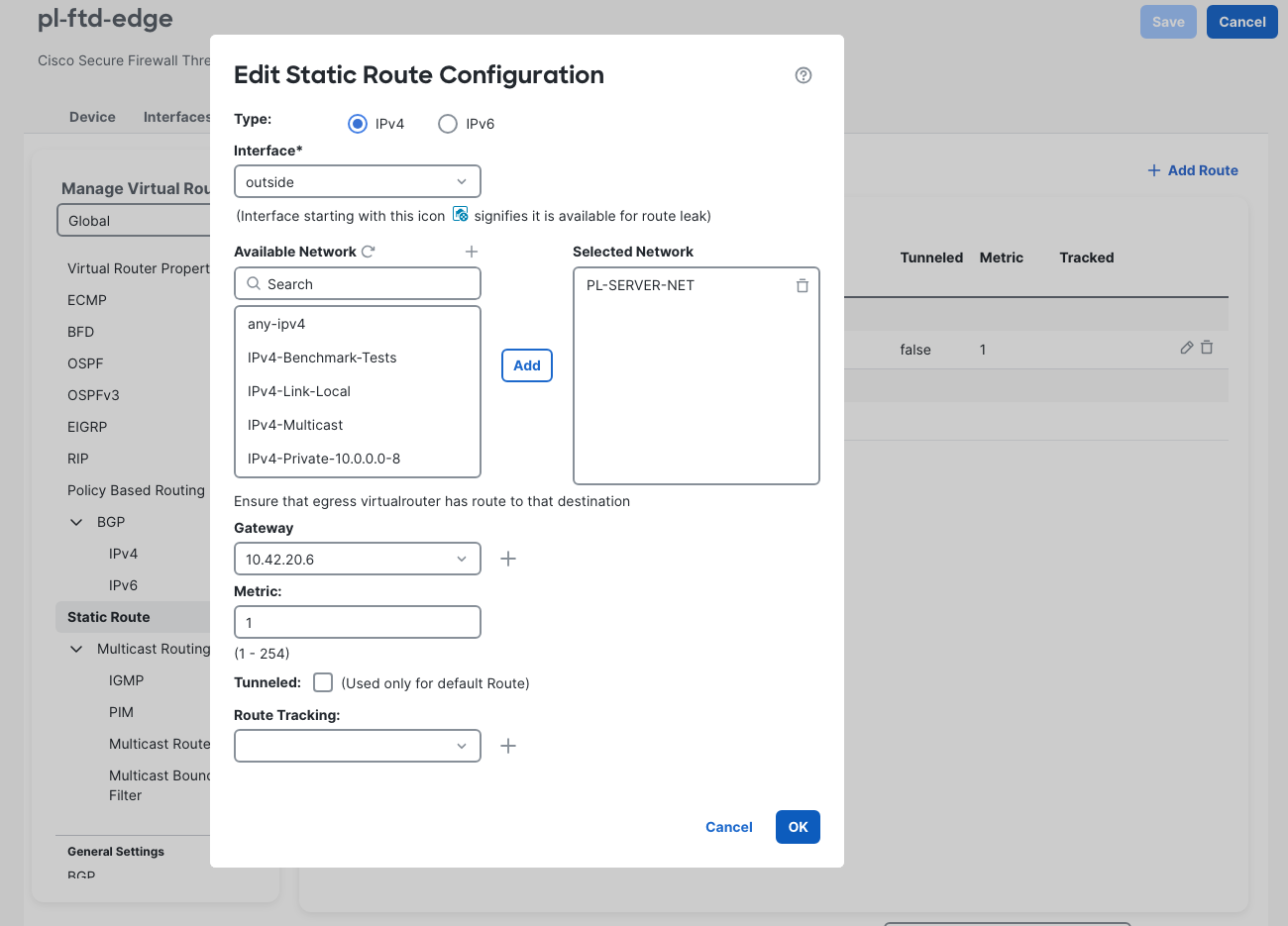 FMC static route editor with outside, PL-SERVER-NET, gateway 10.42.20.6, and metric 1.