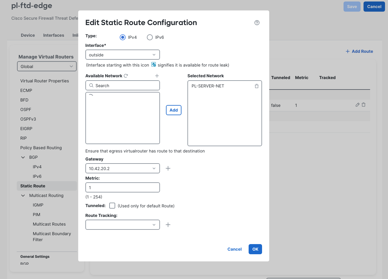 FMC static route editor restores gateway 10.42.20.2 for PL-SERVER-NET through outside.