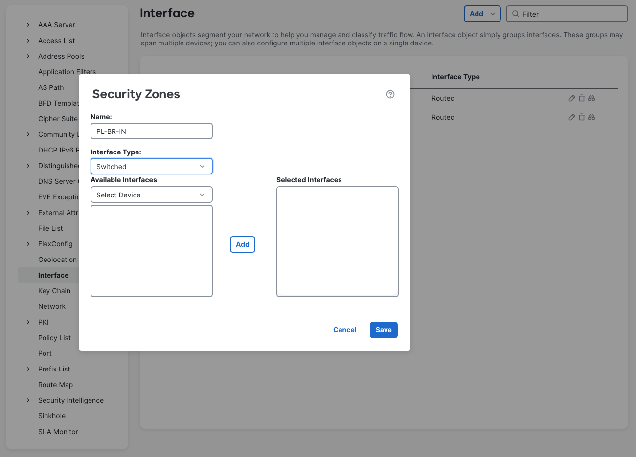 Security Zones editor with PL-BR-IN named and Interface Type set to Switched.
