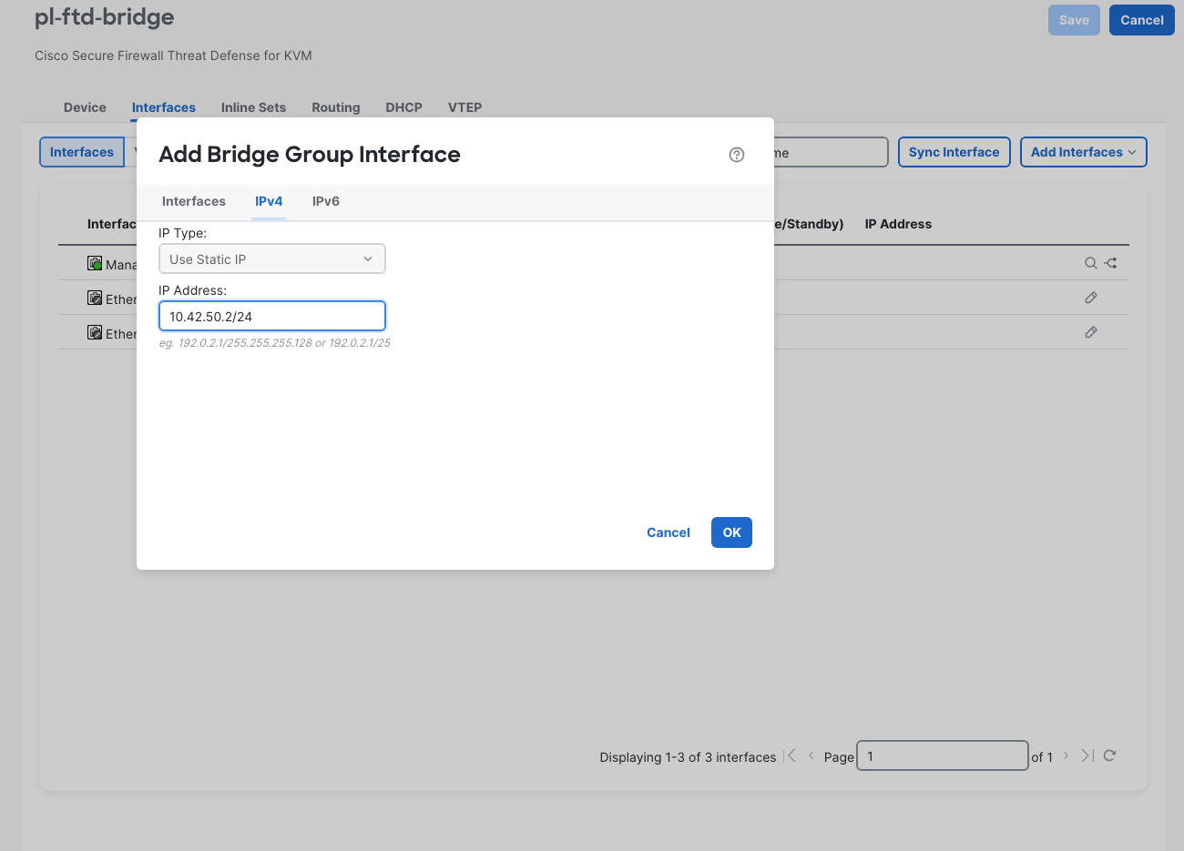 Bridge Group Interface IPv4 settings with the static BVI1 address 10.42.50.2/24.