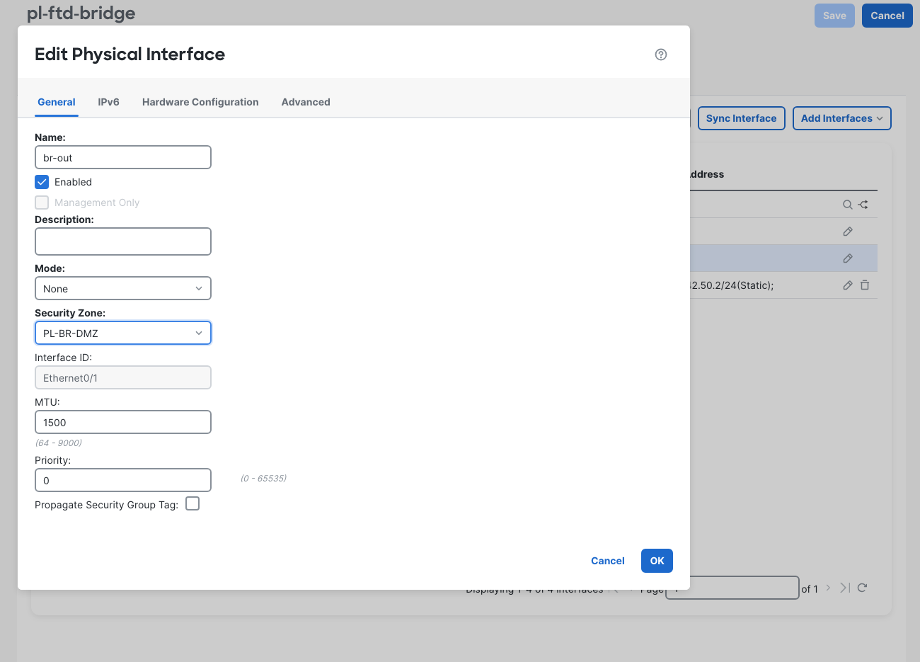 Faulted Ethernet0/1 editor: br-out remains enabled, with Security Zone set to PL-BR-DMZ.