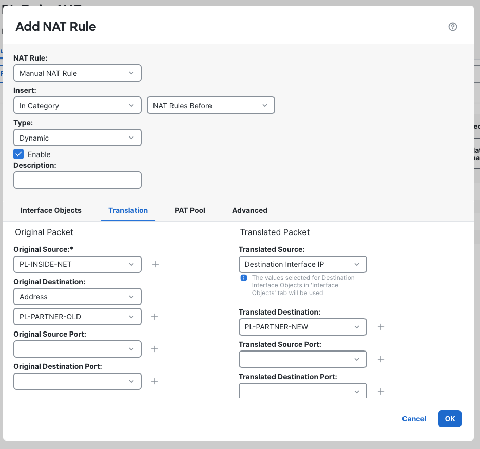 The Manual Dynamic rule in NAT Rules Before uses PL-INSIDE-NET, interface source PAT, and destination OLD to NEW.
