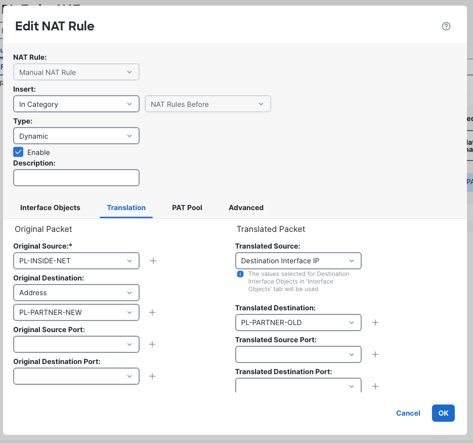 Edit NAT Rule shows the fault: Original Destination is PL-PARTNER-NEW and Translated Destination is PL-PARTNER-OLD.