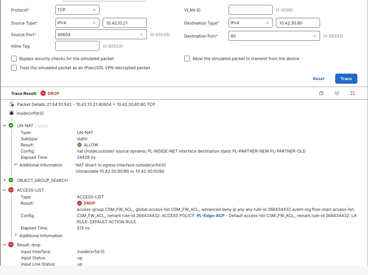The fault's direct-new GUI trace changes 10.42.30.80 to 10.42.40.10, then shows ACCESS-LIST DROP at the ACP default rule.