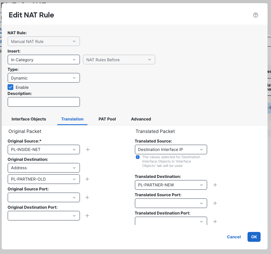 Edit NAT Rule restores Original Destination PL-PARTNER-OLD and Translated Destination PL-PARTNER-NEW, with interface source PAT unchanged.