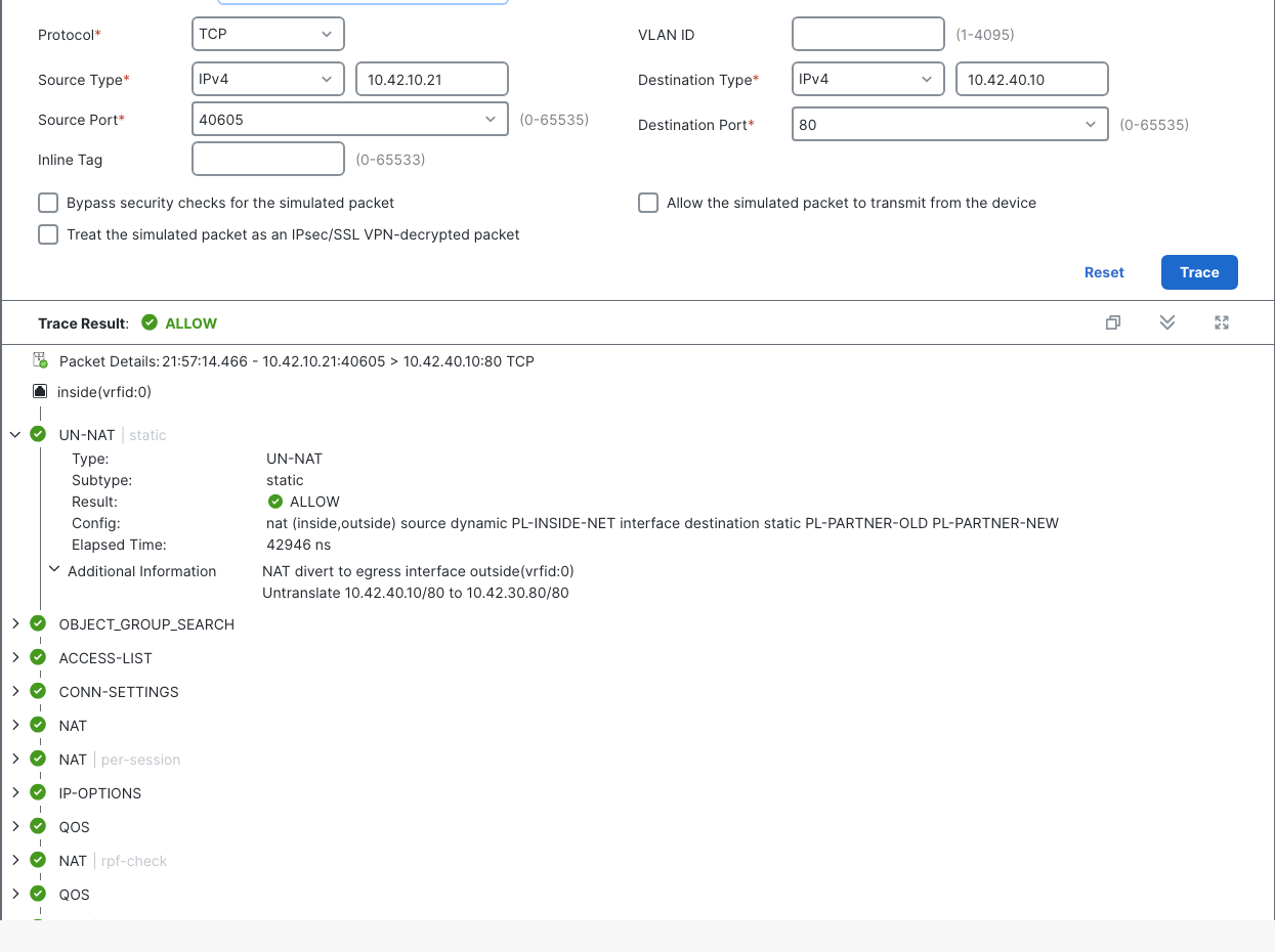 The fixed GUI trace returns ALLOW and shows UN-NAT changing old 10.42.40.10 to real new 10.42.30.80.