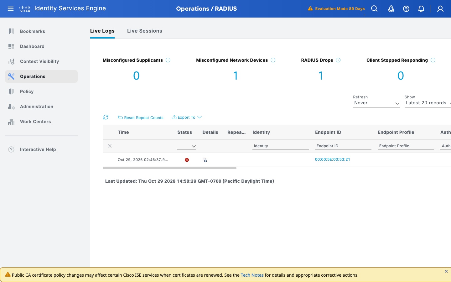 Live Logs: dropped request, Misconfigured Network Devices = 1