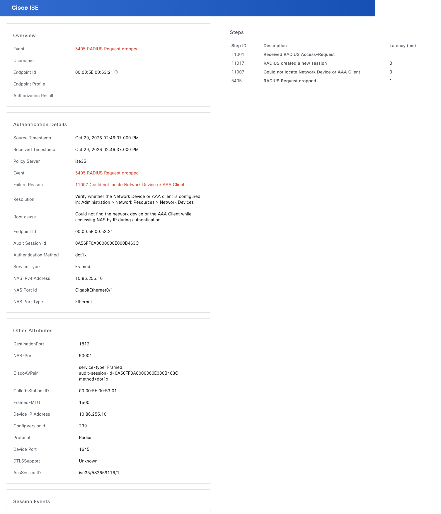 Live Logs detail: 5405 RADIUS Request dropped, 11007