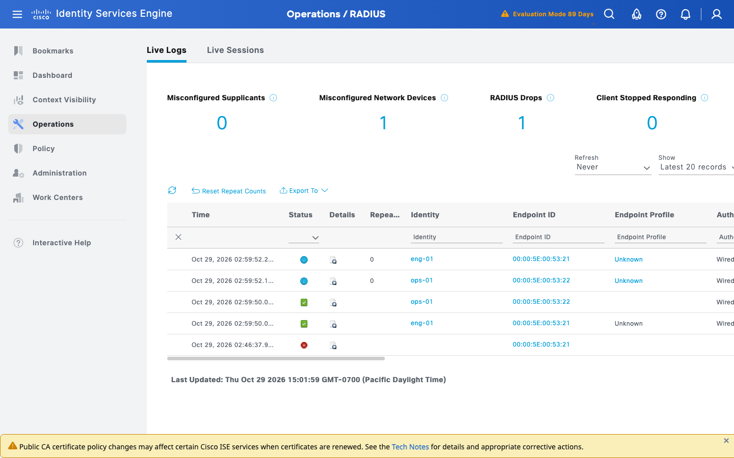 Live Logs: eng-01 and ops-01 authenticated, earlier 11007 entry below