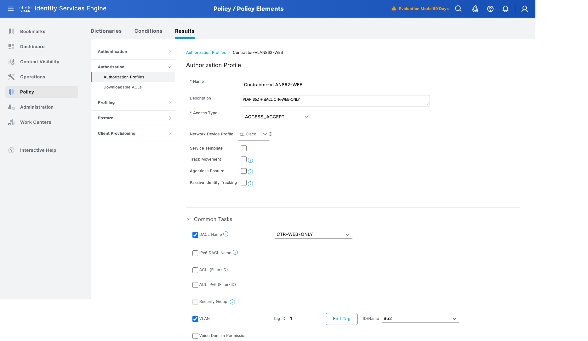 Authorization profile Contractor-VLAN862-WEB with DACL Name CTR-WEB-ONLY and VLAN 862