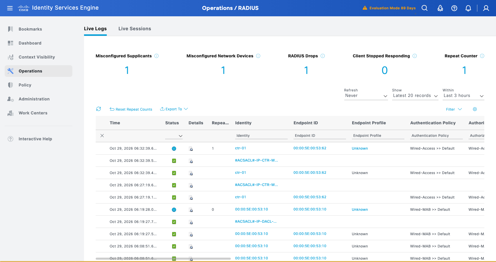 Live Logs: 5200 for ctr-01 and the 5232 dACL download line