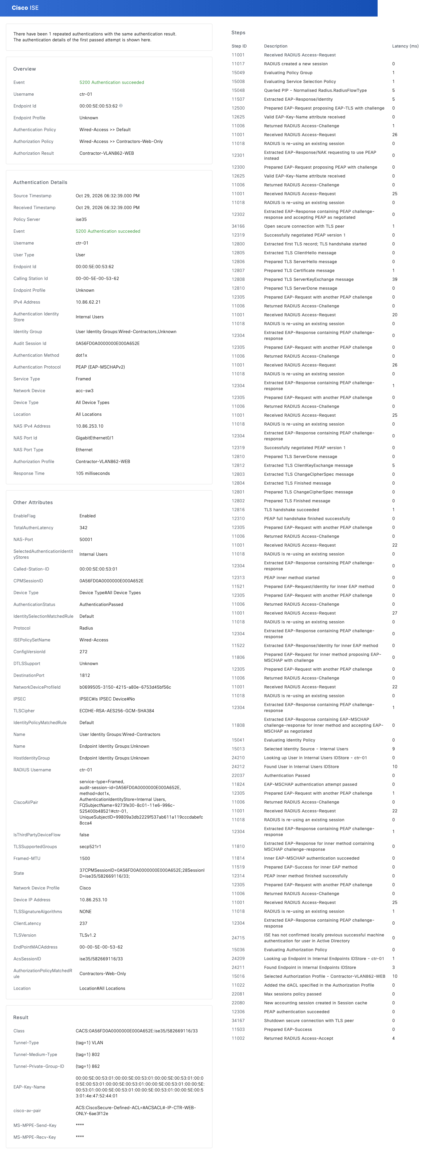 Live Logs detail: 5200, Wired-Access >> Contractors-Web-Only, Contractor-VLAN862-WEB