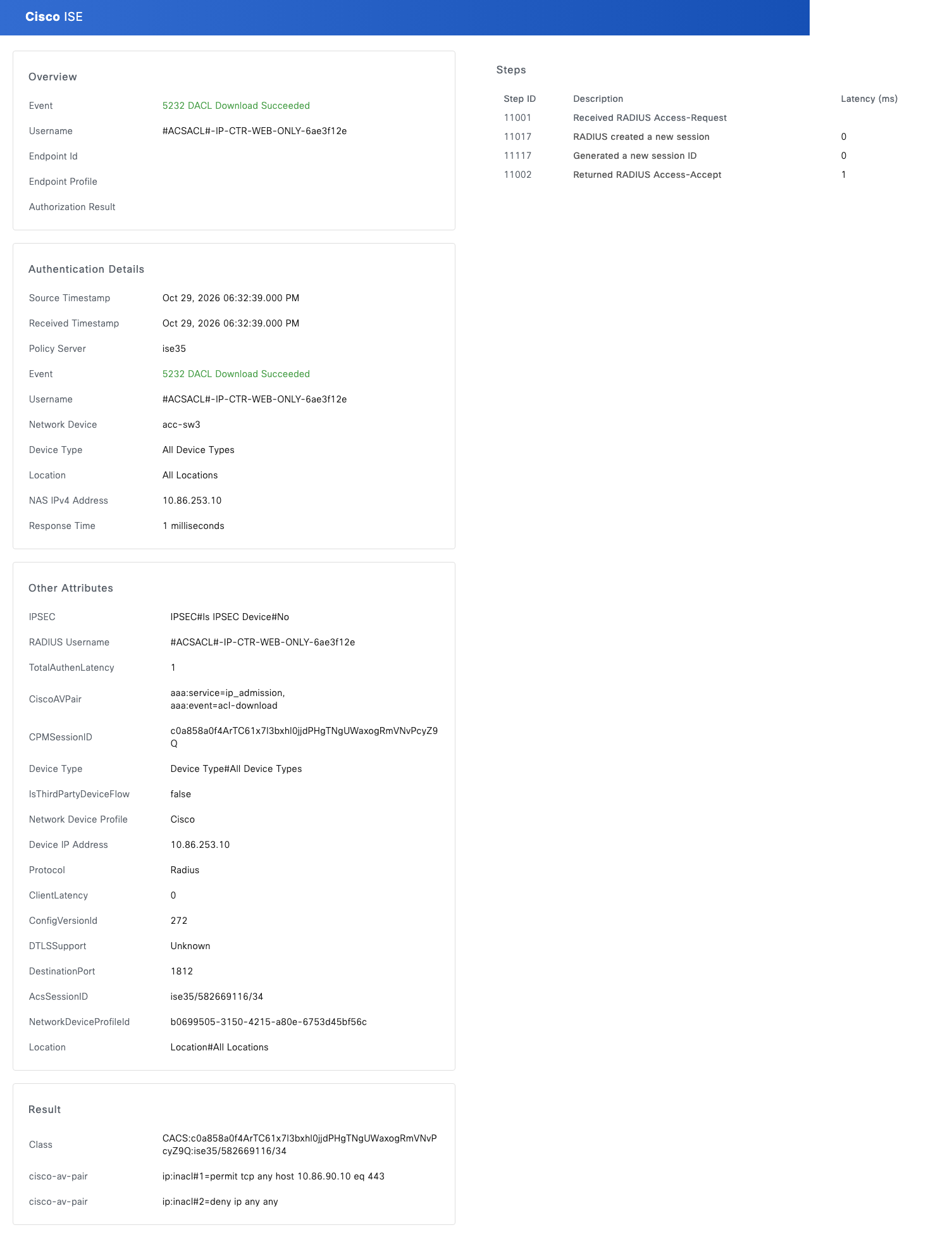Live Logs detail: 5232 DACL Download Succeeded with inacl#1 and inacl#2