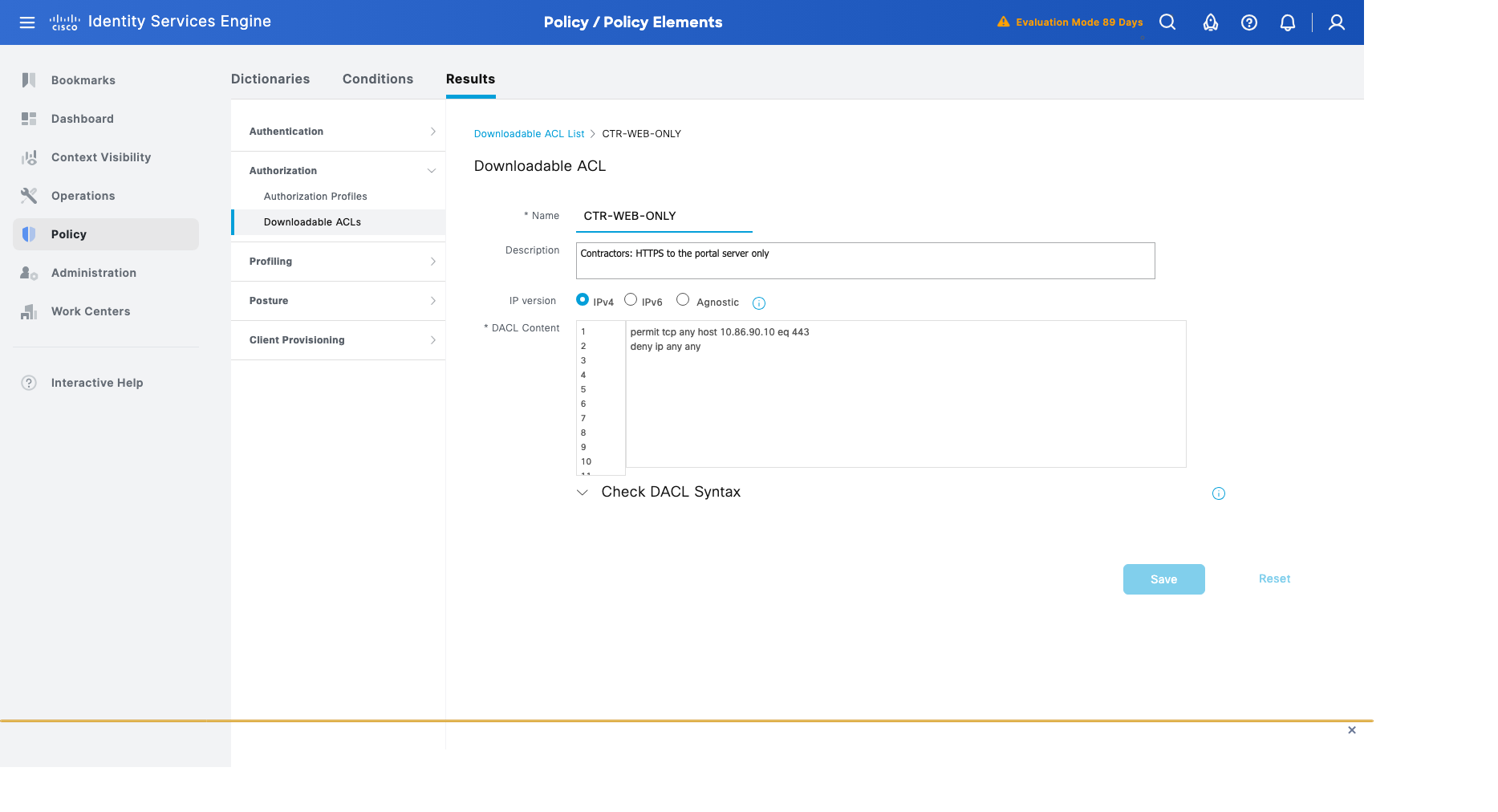 Downloadable ACL CTR-WEB-ONLY, first version: HTTPS to the portal and nothing else