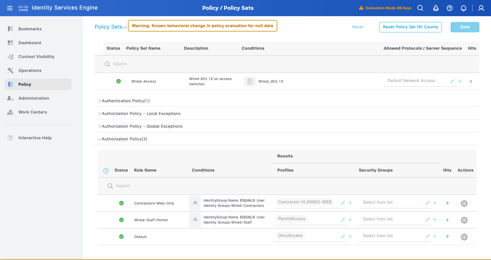 Wired-Access policy set: Contractors-Web-Only above Wired-Staff-Permit