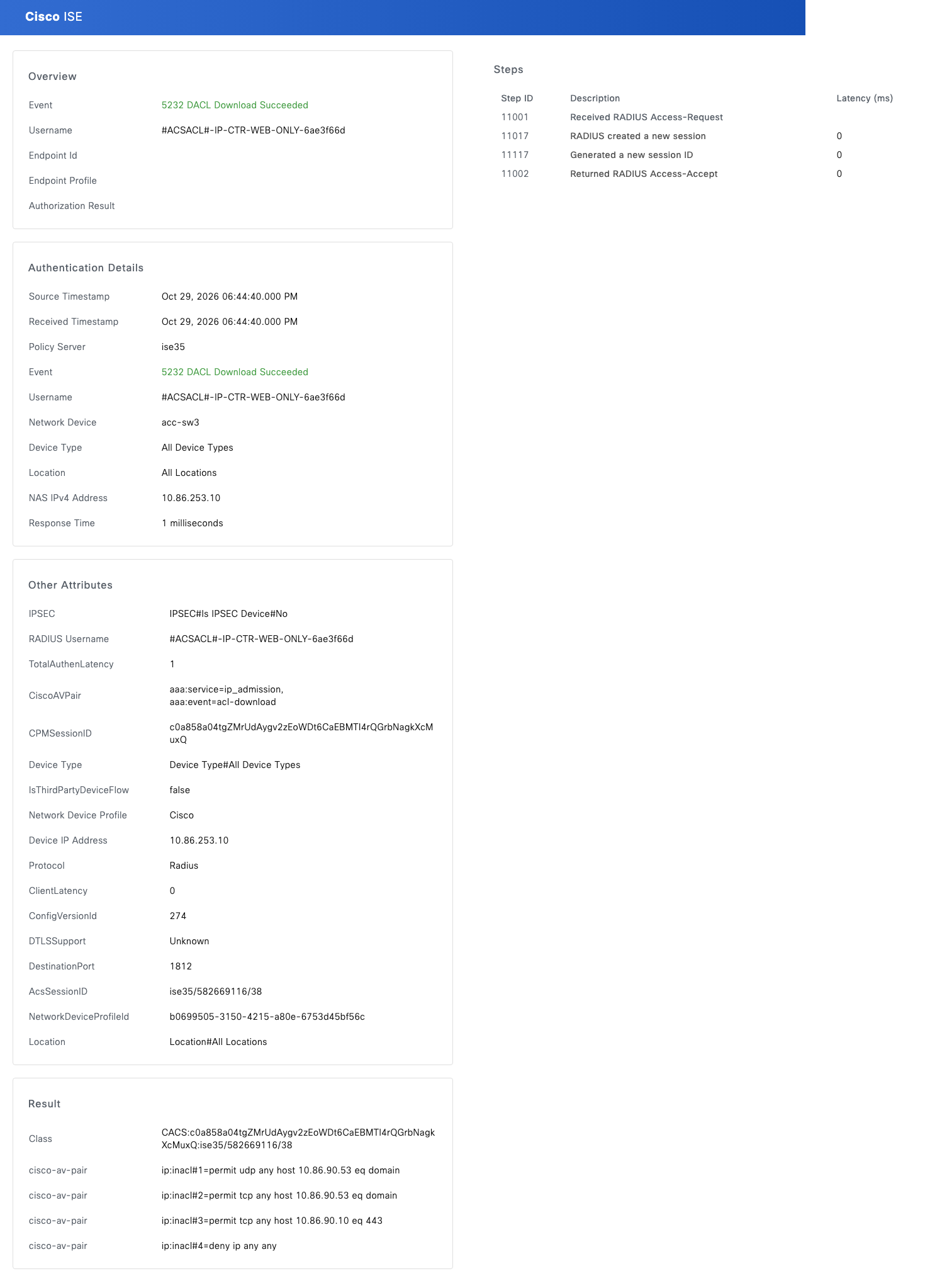 Live Logs detail: 5232 DACL Download Succeeded with the four new inacl entries