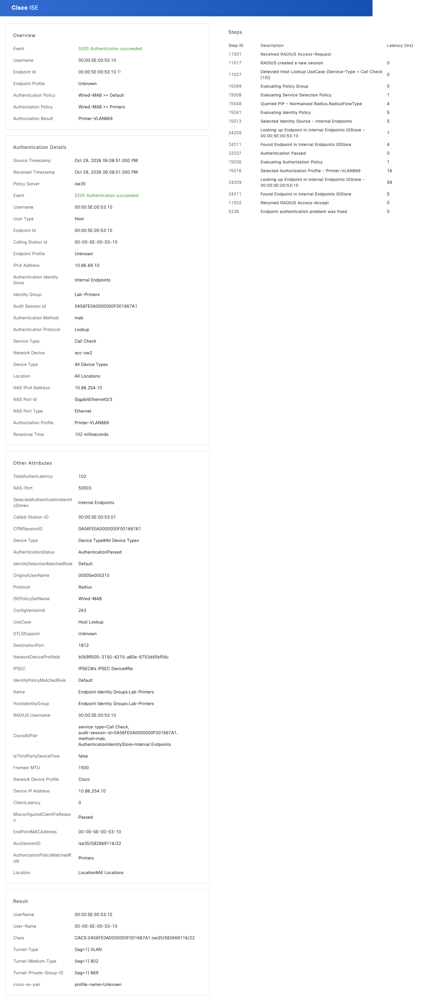 Live Logs detail: 5200 Authentication succeeded, Wired-MAB >> Printers, Printer-VLAN869