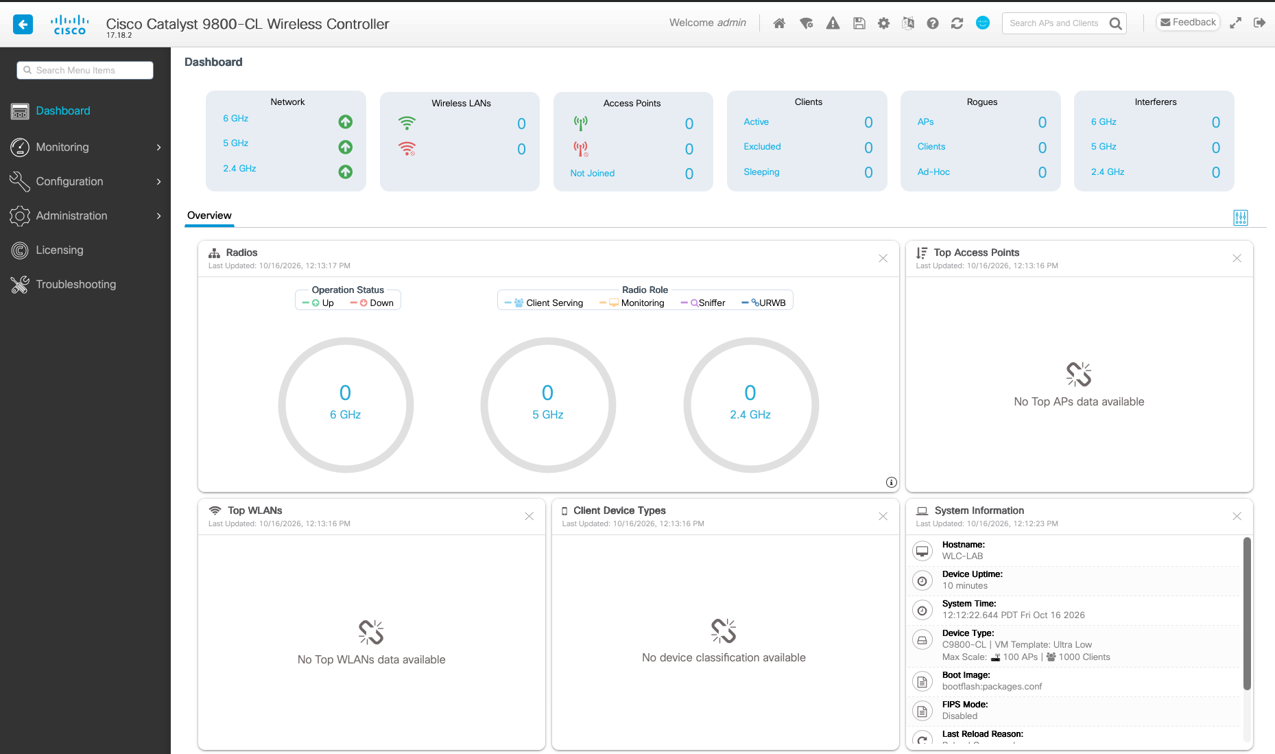 Cisco Catalyst 9800-CL 17.18.2 dashboard for WLC-LAB showing zero WLANs, access points and clients, with the Ultra Low VM profile in System Information.
