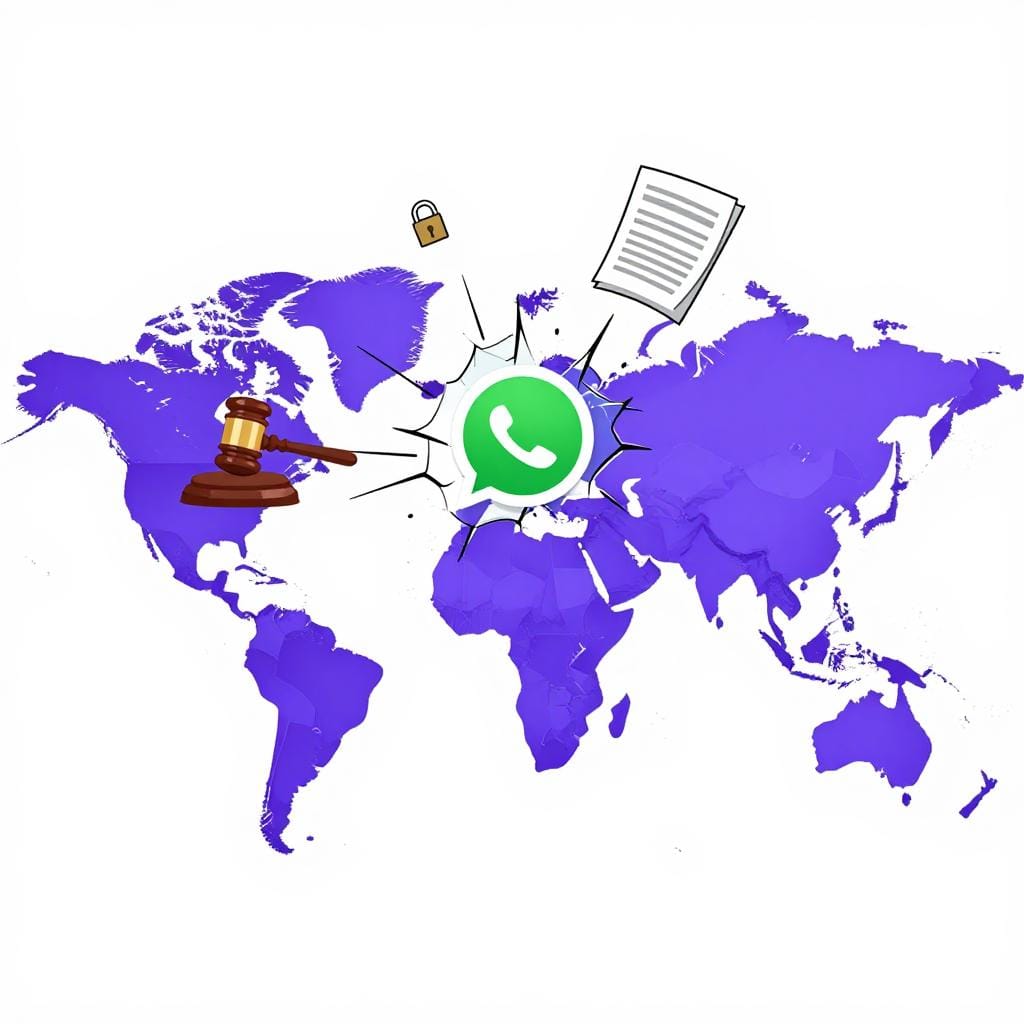 A stylized purple world map with the United States and Brazil highlighted. A green WhatsApp logo in the center is cracking like glass, surrounded by floating legal documents and a wooden judge's gavel.