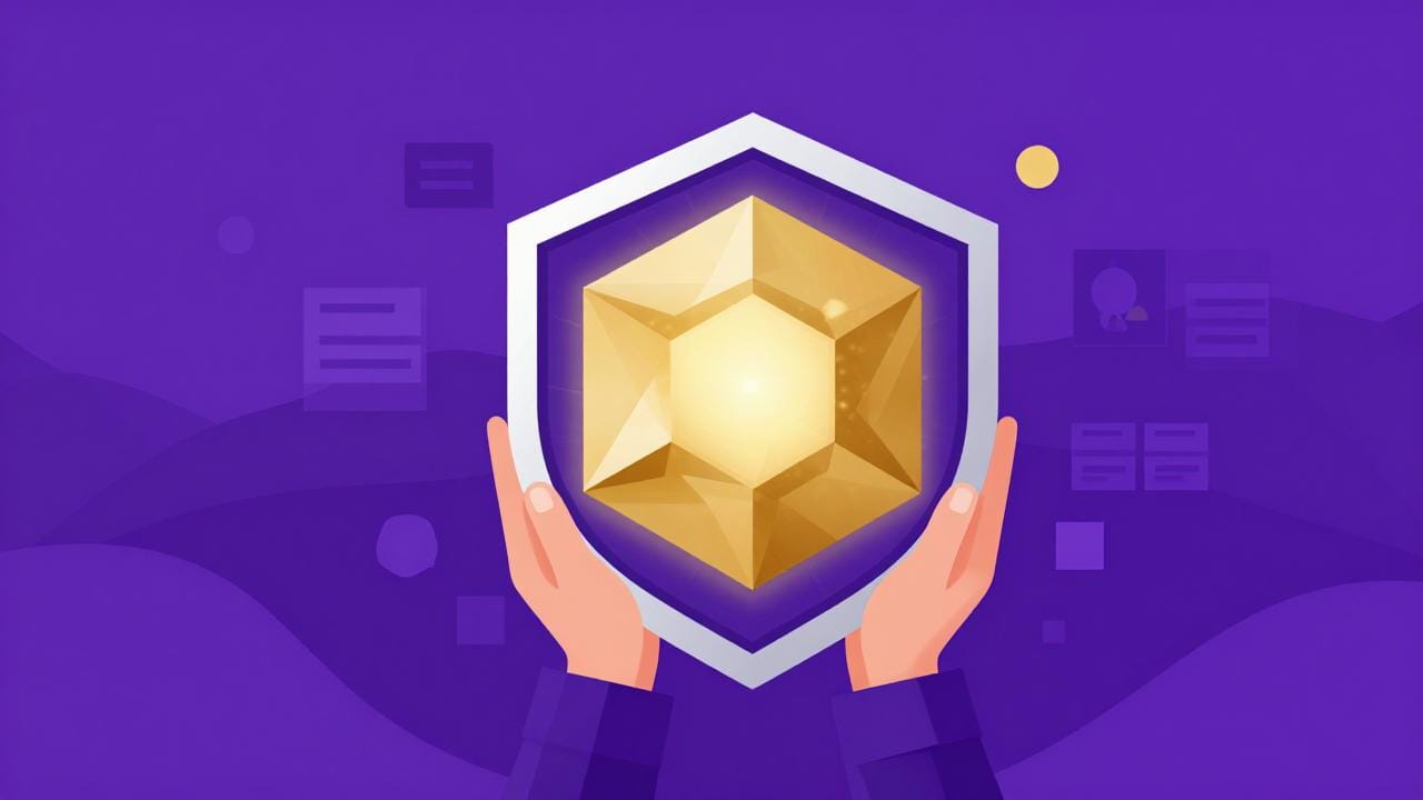 A person holding a glowing hexagonal blockchain shield protecting scattered personal data fragments