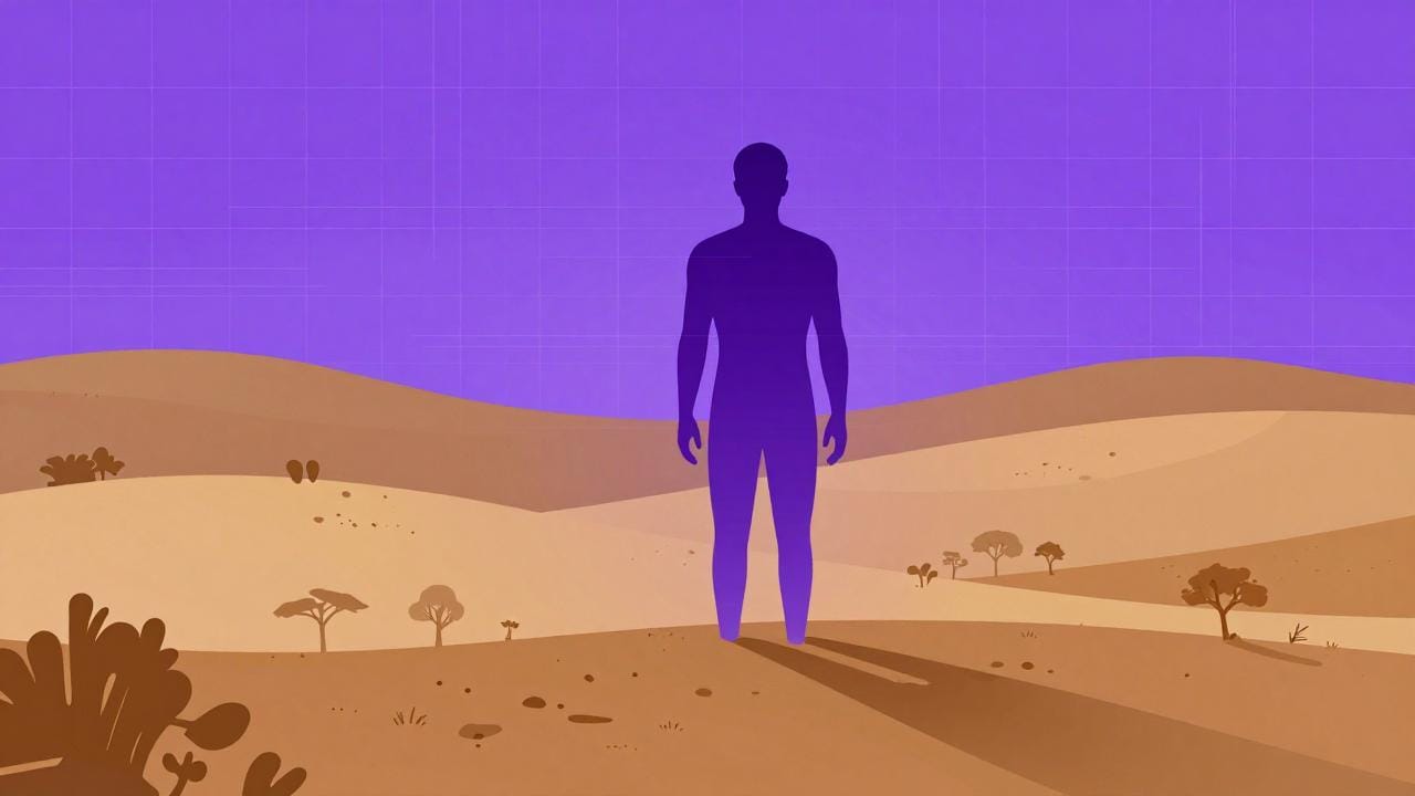 A human figure transitioning from purple digital grid streams into warm caipira earth tones and countryside.