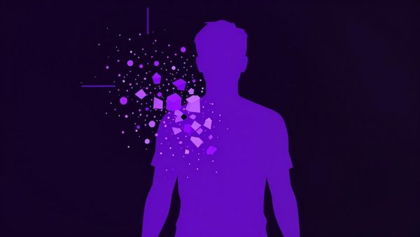 A fragmented human silhouette dissolving into geometric purple data particles on a dark background .