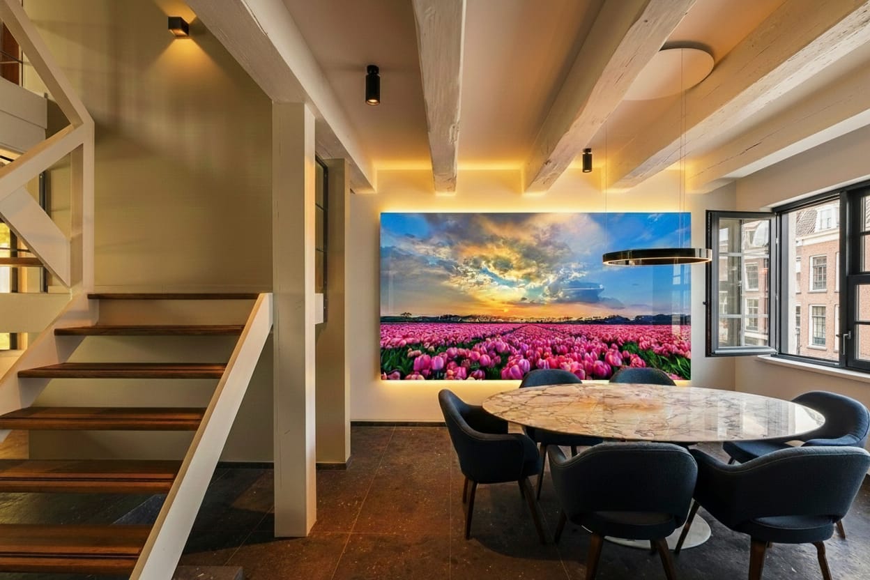 Large fine art wall art installation featuring a dramatic sunset sky over colorful Dutch tulip fields, displayed in a traditional Dutch dining room with wooden beams and modern furnishings, South Holland, The Netherlands.