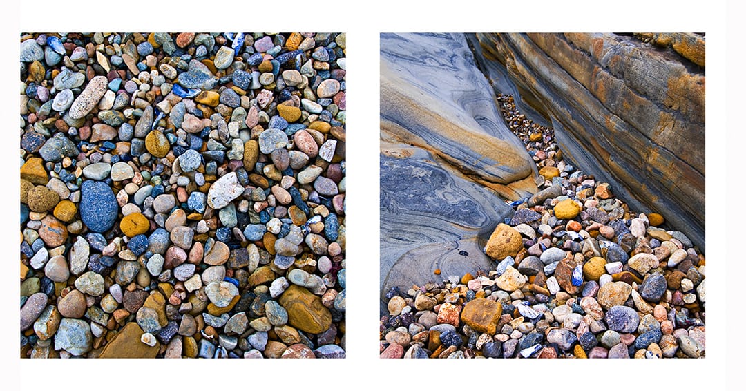 Fine art abstract diptych of colorful sea pebbles and sculpted coastal rock textures at Weston Beach in Point Lobos State Natural Reserve, California near Carmel-by-the-Sea and Monterey along the Big Sur coastline.