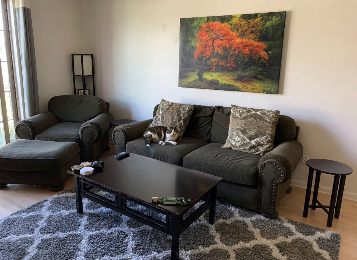 Large Japanese maple fine art canvas print installed above sofa in cozy Campbell California living room, nature-inspired statement wall art for home décor