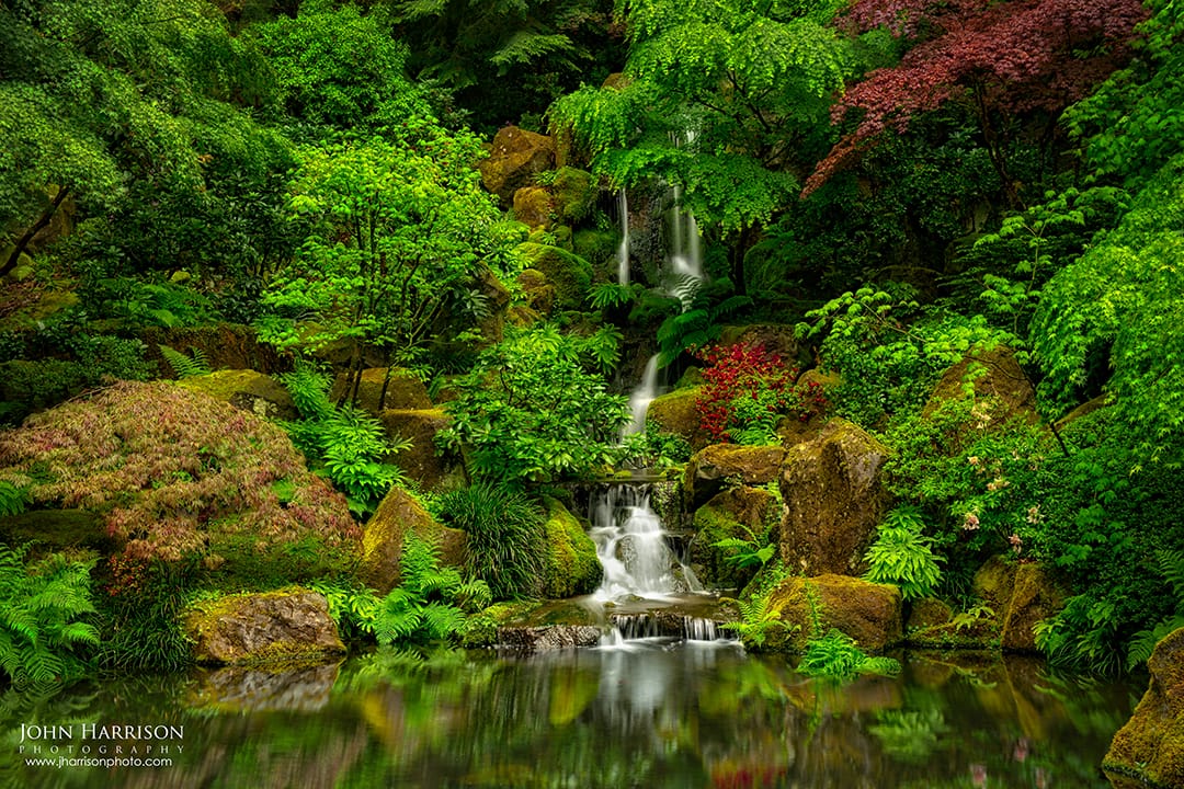 Japanese Zen garden waterfall fine art photograph with moss-covered rocks, lush greenery and reflective pond, large wall art for calming interiors