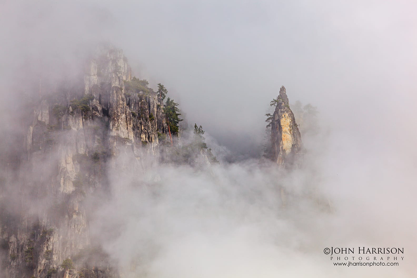 Granite spires emerging through mist near Yosemite Falls, Yosemite National Park atmospheric fine art photograph