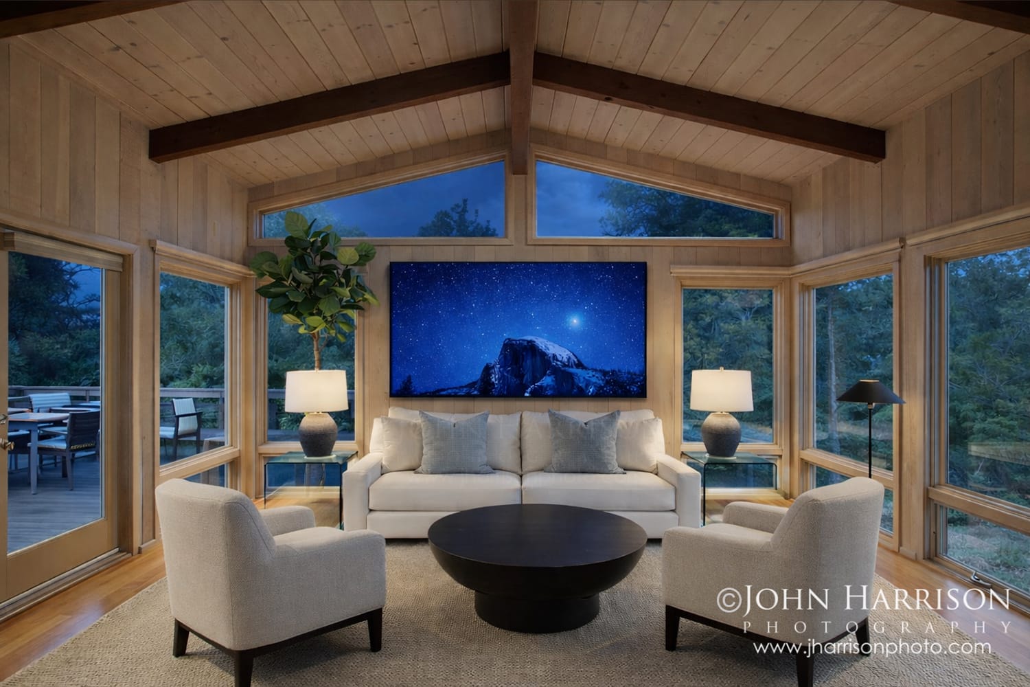 Star-filled winter night sky above Half Dome in Yosemite National Park, with snow on the granite dome and pine silhouettes in the foreground.