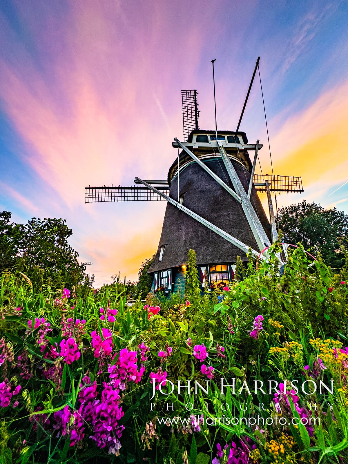 De Riekermolen windmill at sunset in Amsterdam Netherlands with colorful wildflowers and glowing sky along the Amstel River