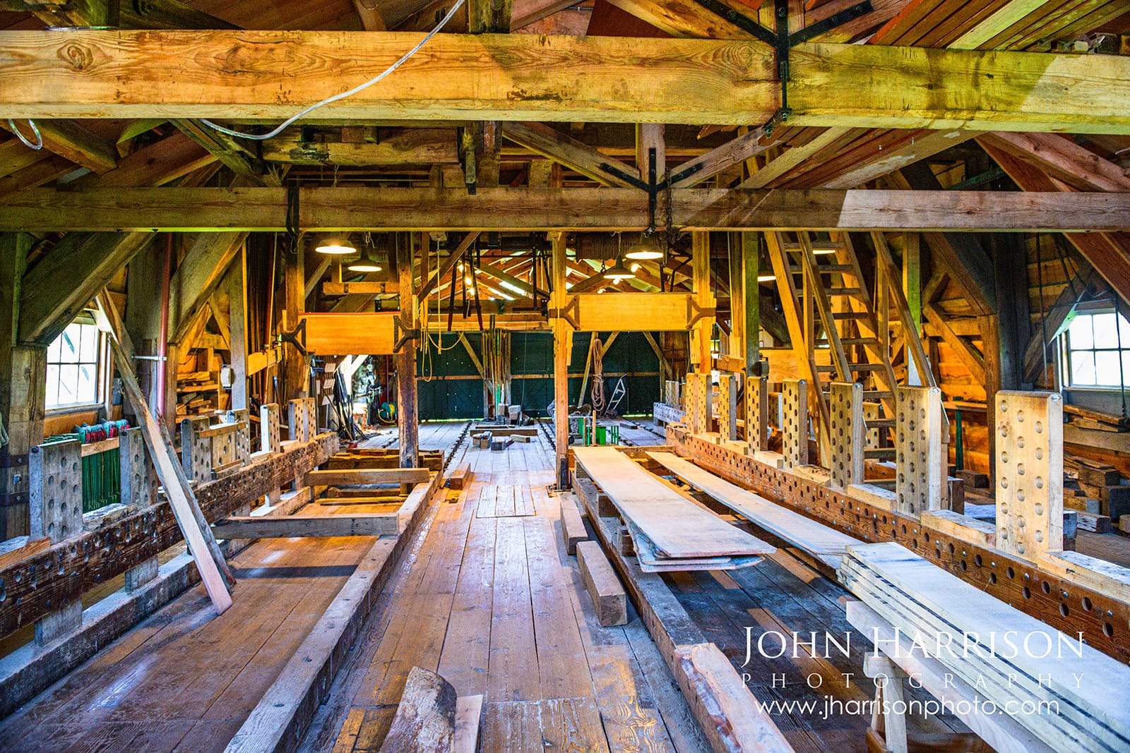 Interior of Bolwerksmolen sawmill windmill in Deventer Netherlands showing wooden beams and saw cutting structure
