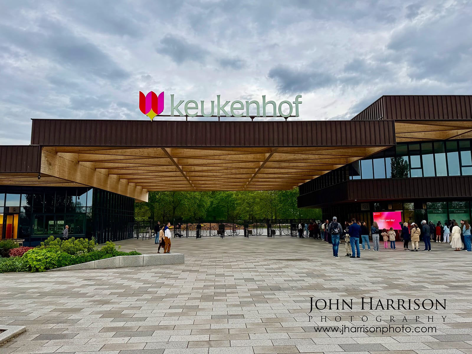 Keukenhof Gardens entrance in Lisse Netherlands early morning May 2026 with visitors arriving before opening