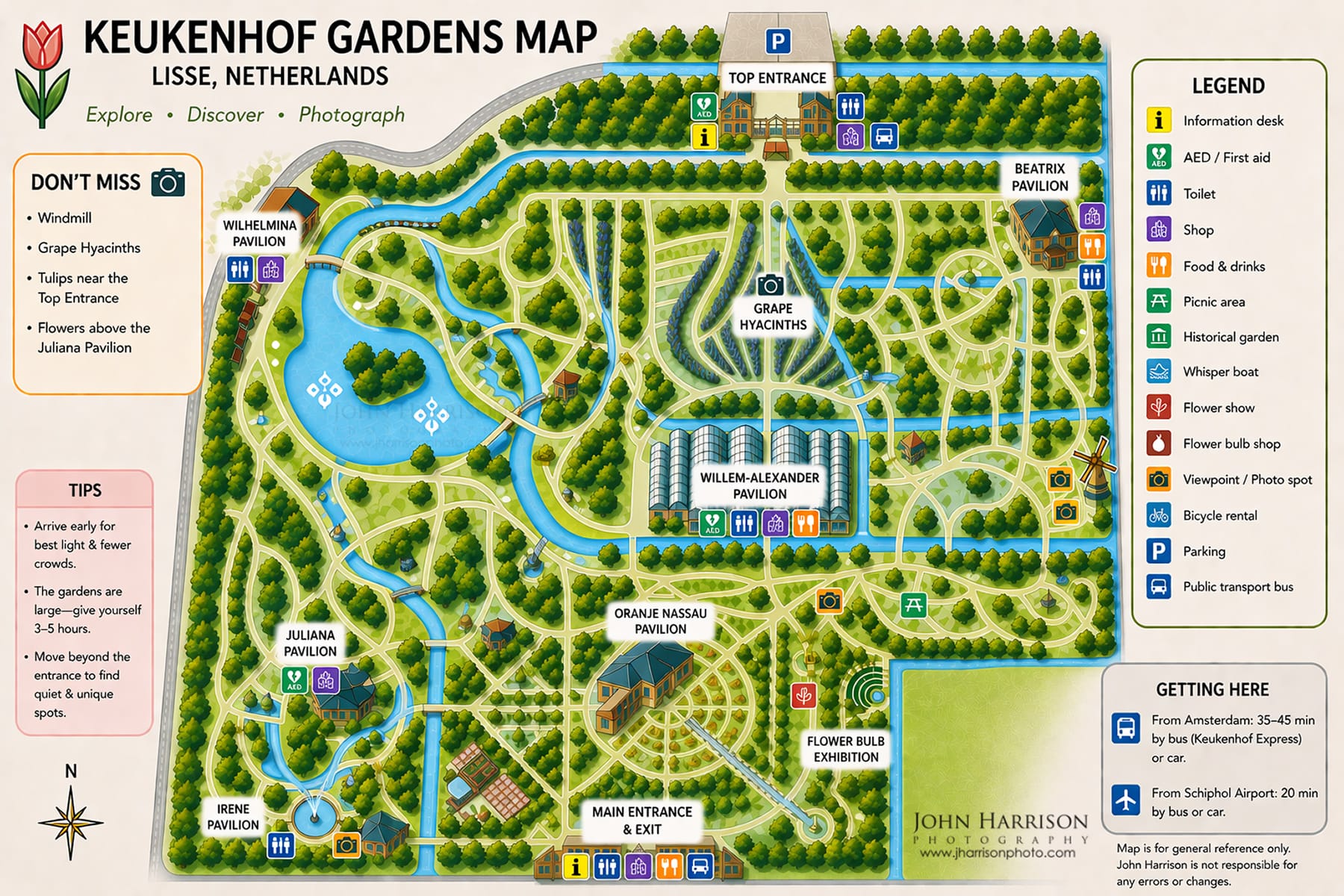 Keukenhof Gardens map showing best photography locations, tulip paths, grape hyacinths and pavilions in Lisse Netherlands near Amsterdam.