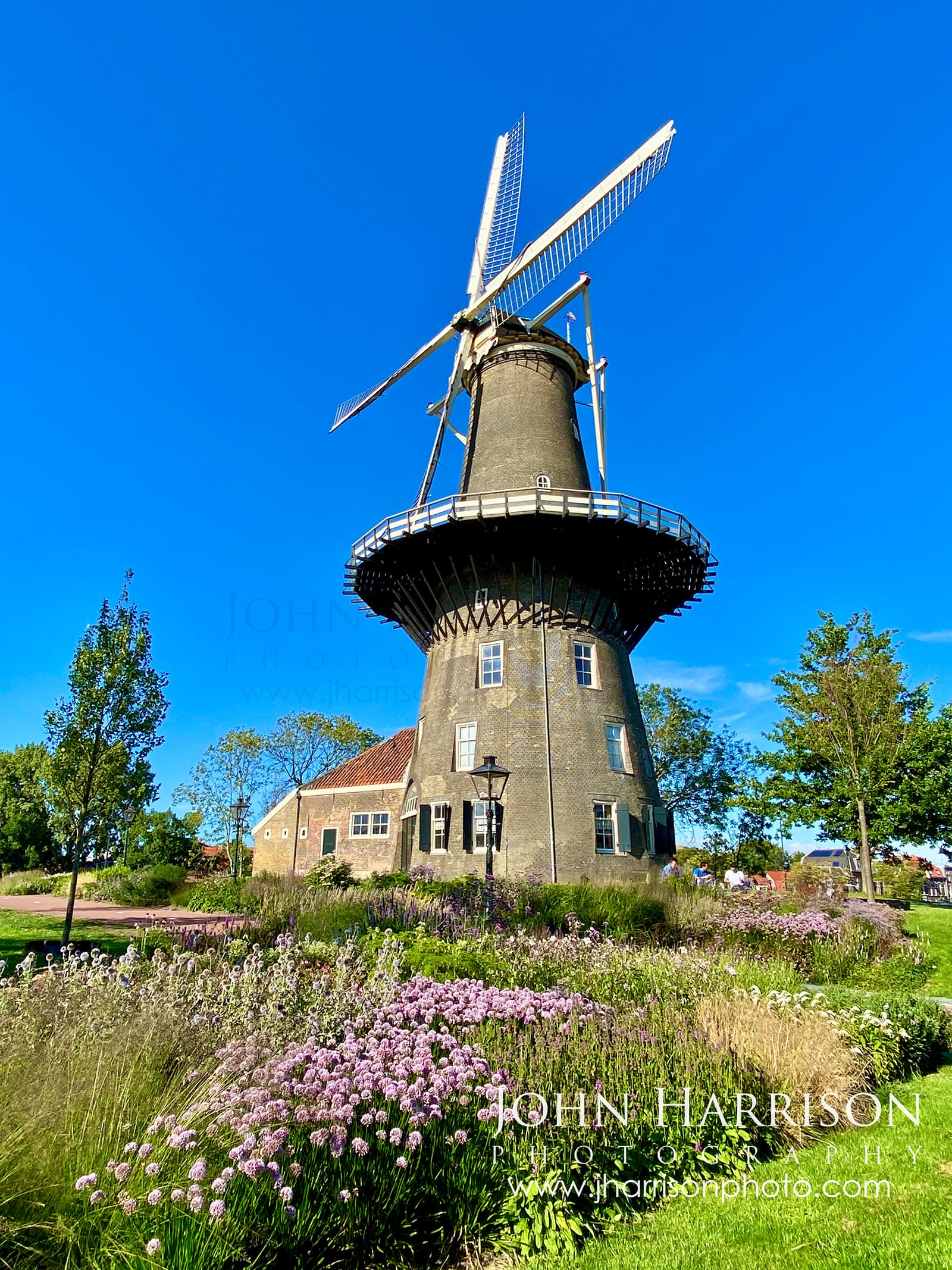 Historic Molenmuseum De Valk windmill surrounded by colorful summer wildflowers in Leiden, Netherlands beneath a bright blue sky.