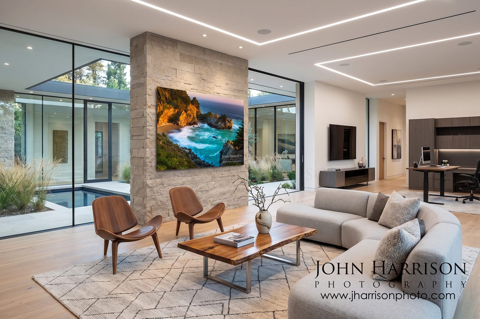Large fine art photography print displayed in a modern Silicon Valley luxury home living room showcasing contemporary residential wall art installation ideas.