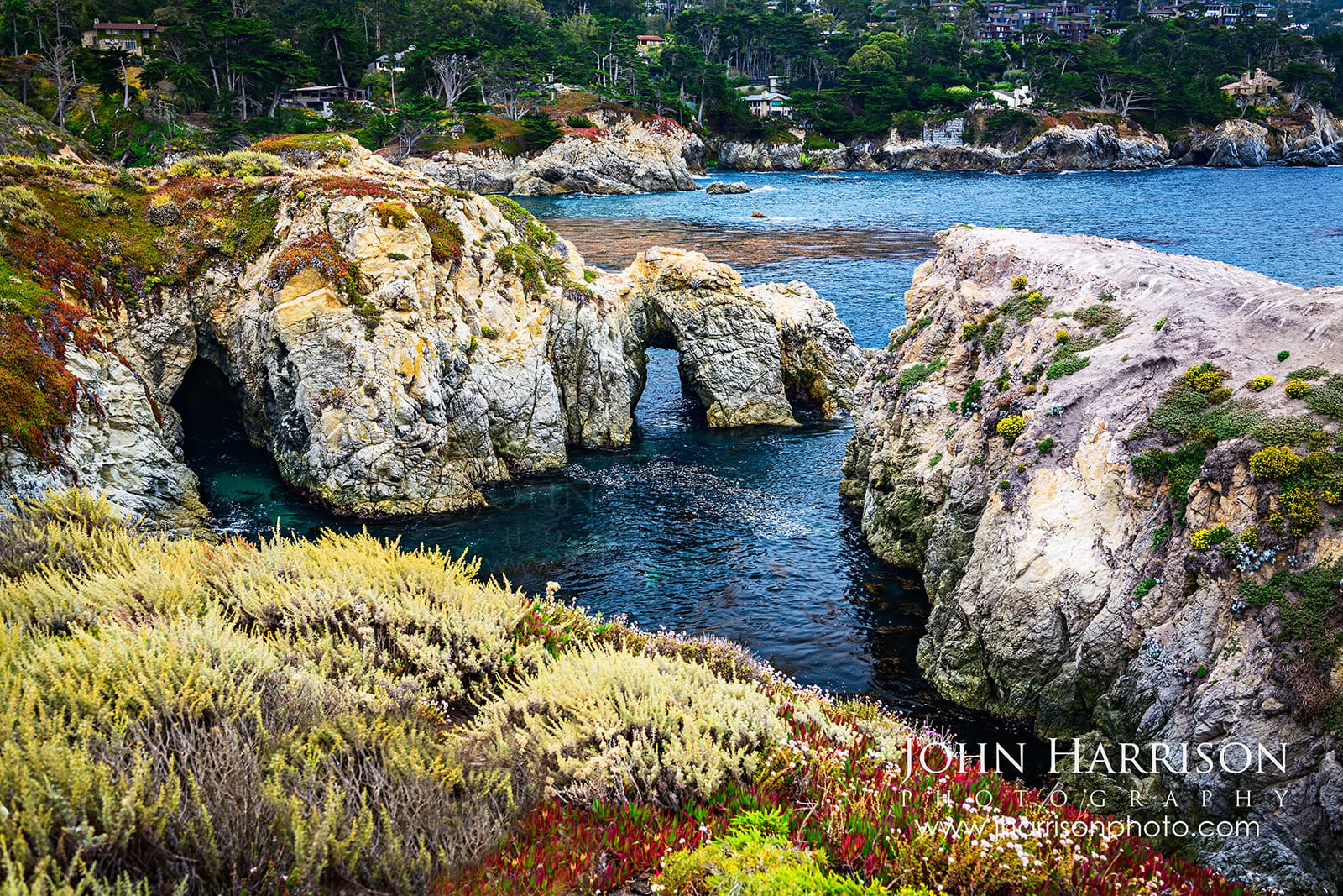 Natural rock arches along the Bird Island Trail near Pelican Point at Point Lobos, overlooking the Pacific coast toward Gibson Beach.