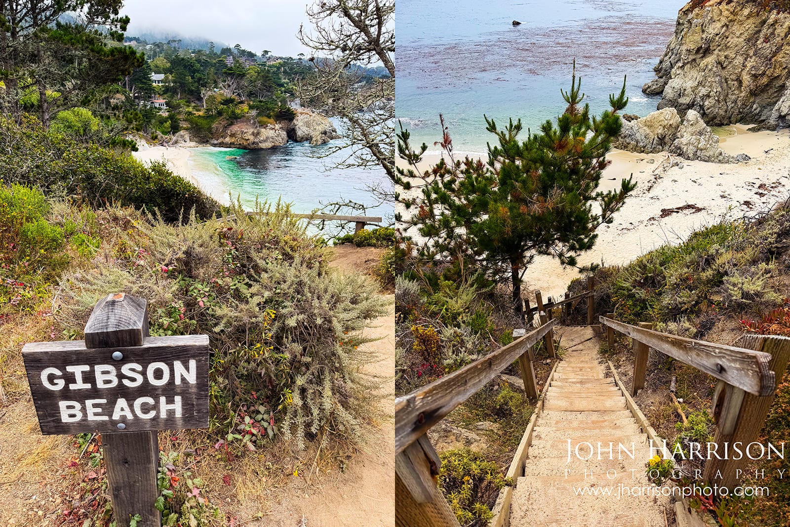 Gibson Beach trail sign and steep wooden steps descending toward the sandy beach, turquoise Pacific water and rocky cliffs at Point Lobos State Natural Reserve near Carmel, California.