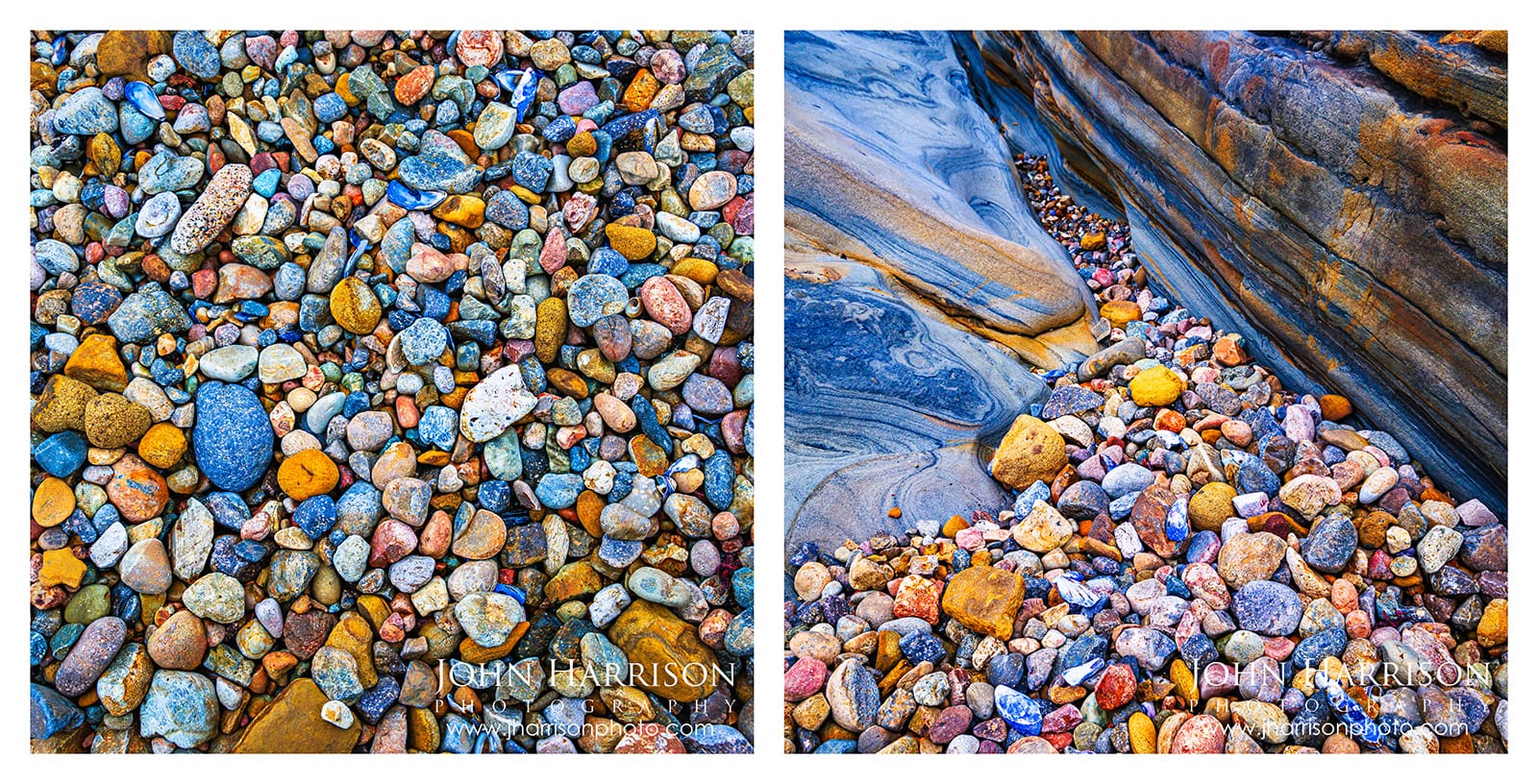 Sea of Pebbles and Entrance to the Stones in Concert, colorful pebbles and sculpted rock formations at Weston Beach in Point Lobos State Natural Reserve, California.