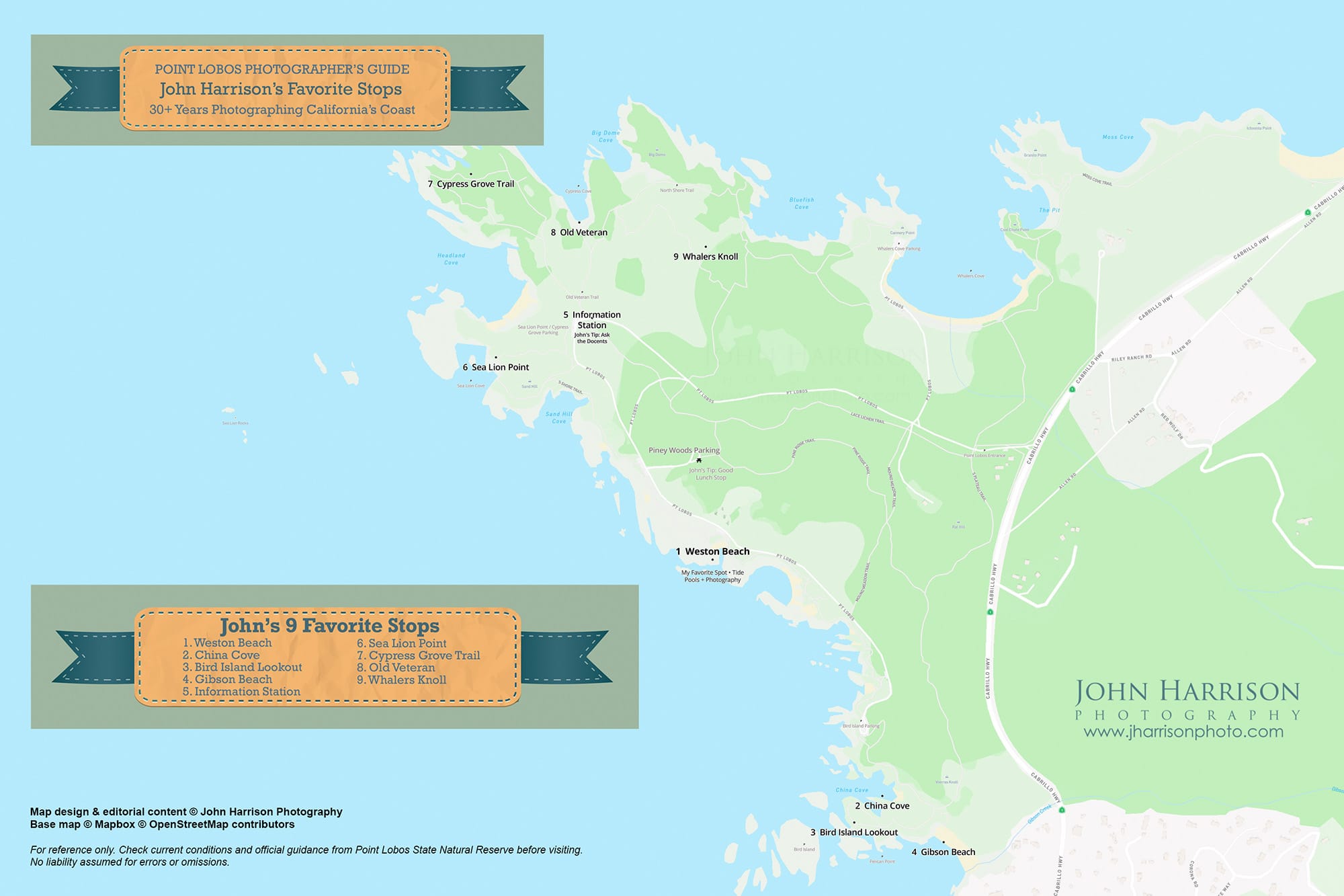 Point Lobos visitor map showing Weston Beach, China Cove, Bird Island Lookout, Gibson Beach, Sea Lion Point, Cypress Grove Trail, Old Veteran and Whalers Knoll near Carmel, California.
