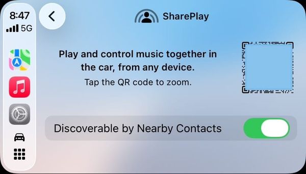AiPhone SharePlay CarPlay screen showing a QR code and the option to allow nearby contacts to join and control music in the car.