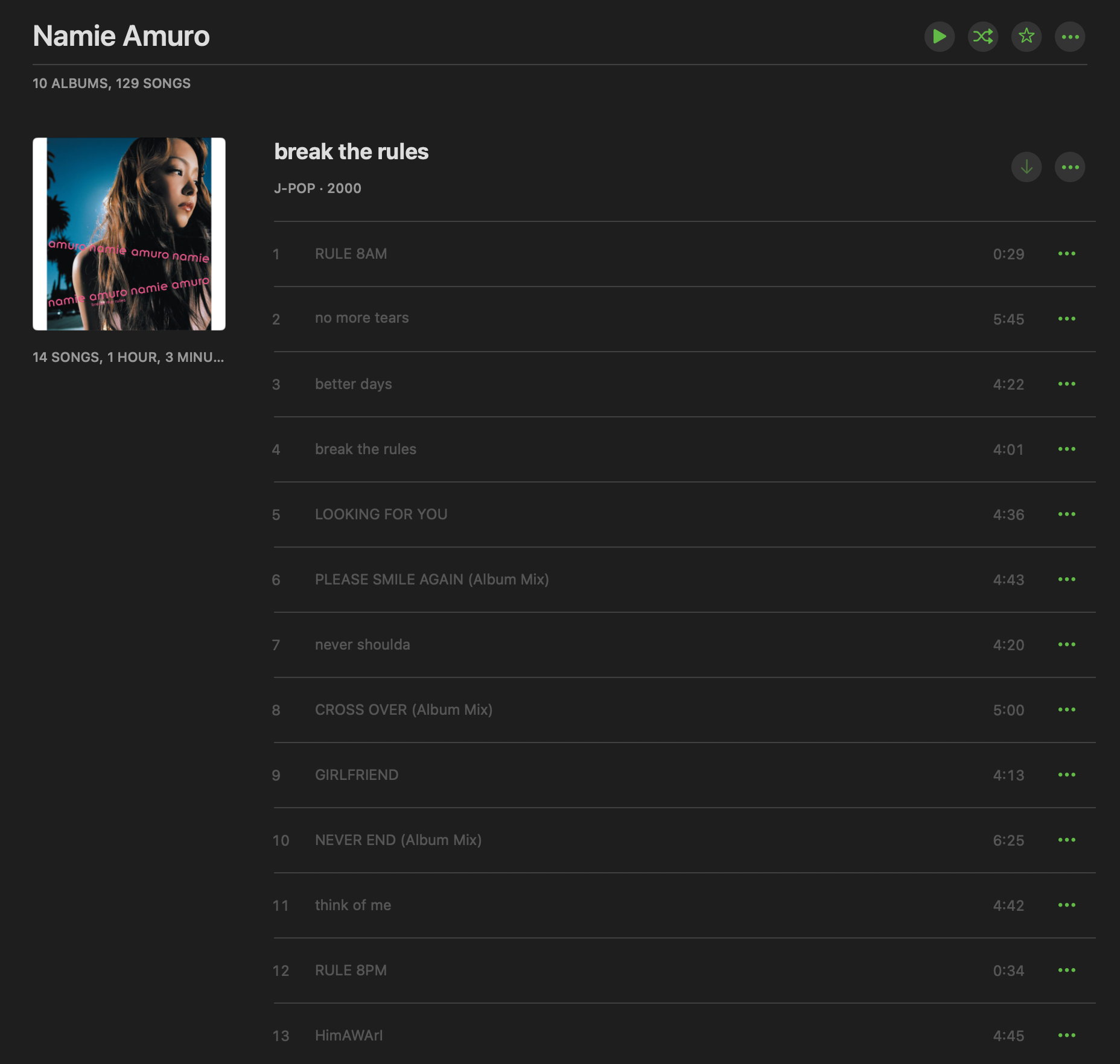 Screenshot of Apple Music showing Namie Amuro's Break The Rules album disabled due to rights issues.