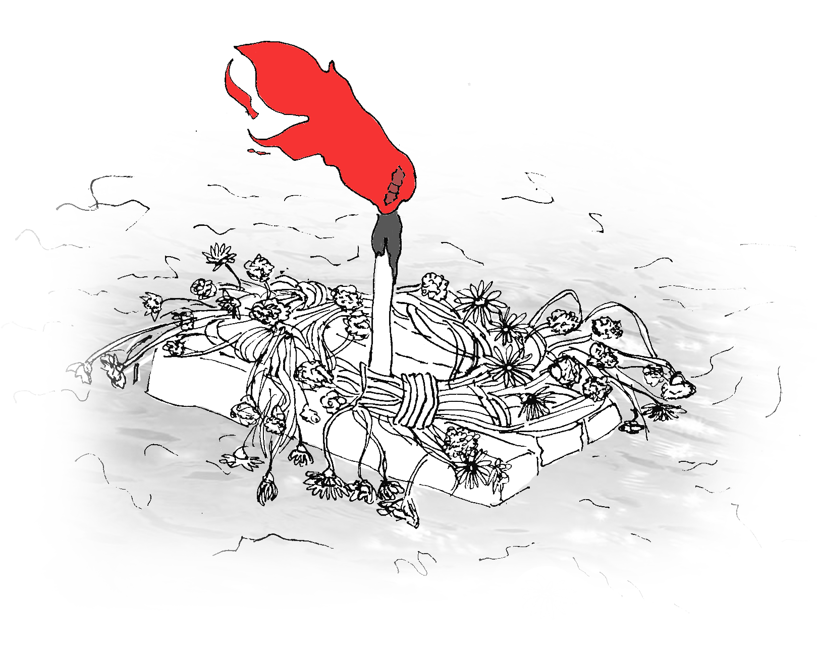 A scanned ink drawing of a flower garland floating down a river on a wooden panel with a lit candle