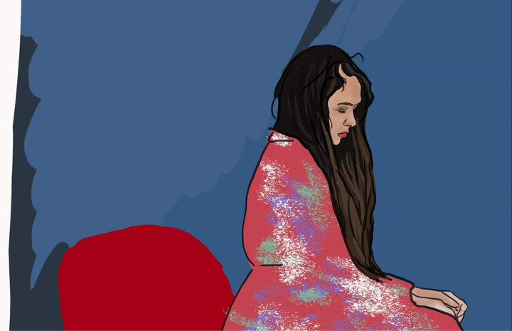 A drawing of a white woman with long flowing brown hair sitting on a red seat wearing a pink robe.